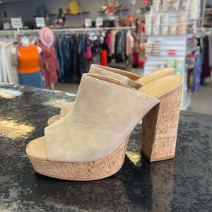 Trendy Beige Platform Mules with Cork Heel